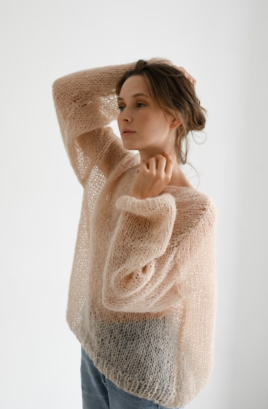 Handcrafted Blue Cotton Leaf Pattern Sweater - Custom Made