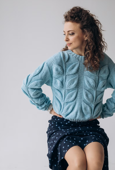 Handcrafted Blue Cotton Leaf Pattern Sweater - Custom Made